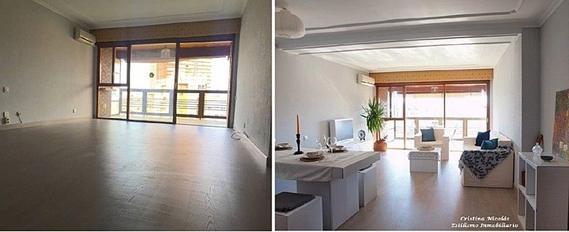 - Foto 1: Antes-Después de solución "para tu vivienda" con mobiliario de cartón y atrezzo.