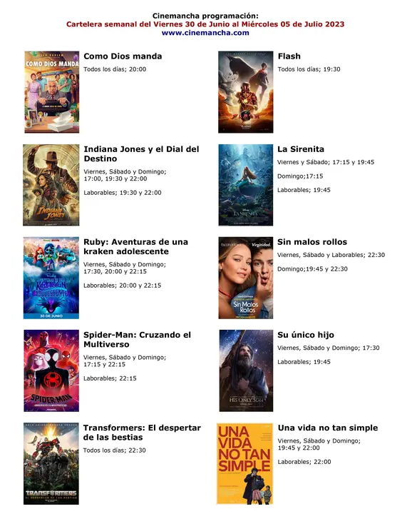 cartelera del viernes 30-6-23 al miercoles 5-7-23