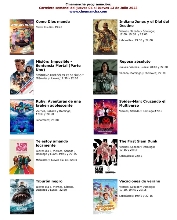 cartelera de multicines cinemancha desde el JUEVES dia 6 de junio  hasta el JUEVES dia 13 de junio