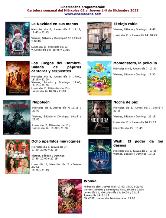 Cartelera de multicines cinemancha del miercoles dia 6 de diciembre al Jueves dia 14 de diciembre