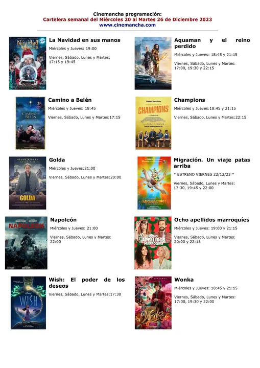 cartelera de multicines cinemanha del MIERCOLES 20 AL MARTES 26 de diciembre