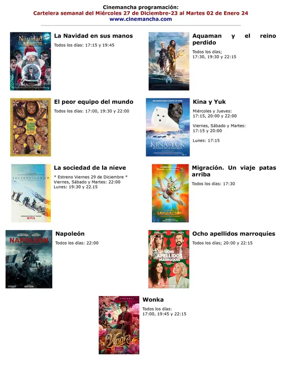 cartelera de multicines cinemancha del miercoles 27 de diciembre al martes 02 de enero 