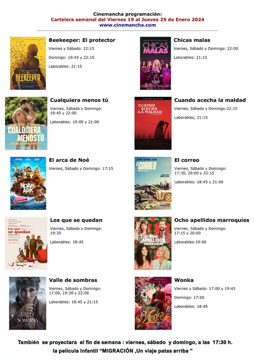cartelera de multicines cinemancha del Viernes d&iacute;a 19 al Jueves d&iacute;a 25 de Enero  2024