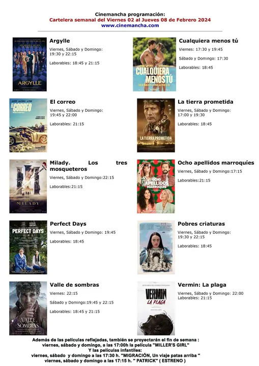 CARTELERA DE CINEMANCHA DEL VIERNES 02 AL JUEVES 08 DE FEBRERO 2024