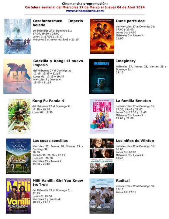 Cartelera de Multicines Cineamcha del MIERCOLES dia 27 de Marzo al JUEVES 04 de Abril