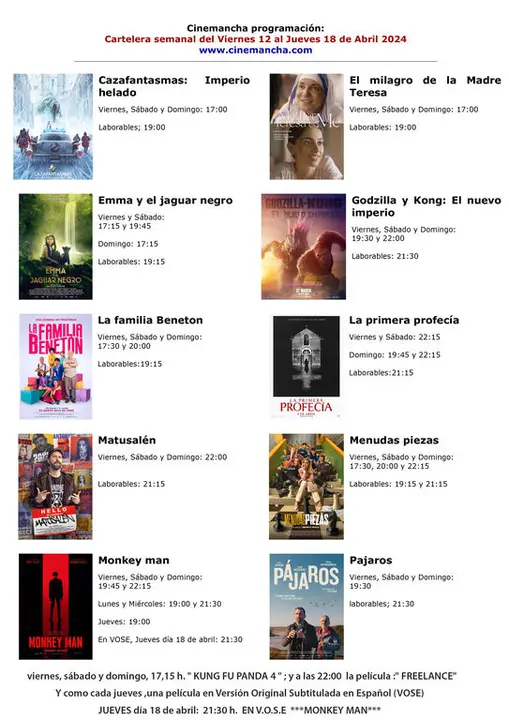 cartelera de multicines cinemancha del viernes 12 al jueves 18 de abril