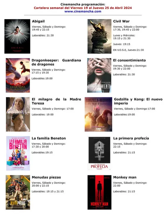 CARTELERA DE MULTICINES CINEMANCHA DEL VIERNES 19 AL JUEVES 25 DE ABRIL