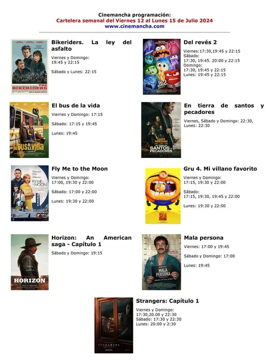 cartelera multicines cinemancha del Viernes 12  al Lunes 15 de Julio