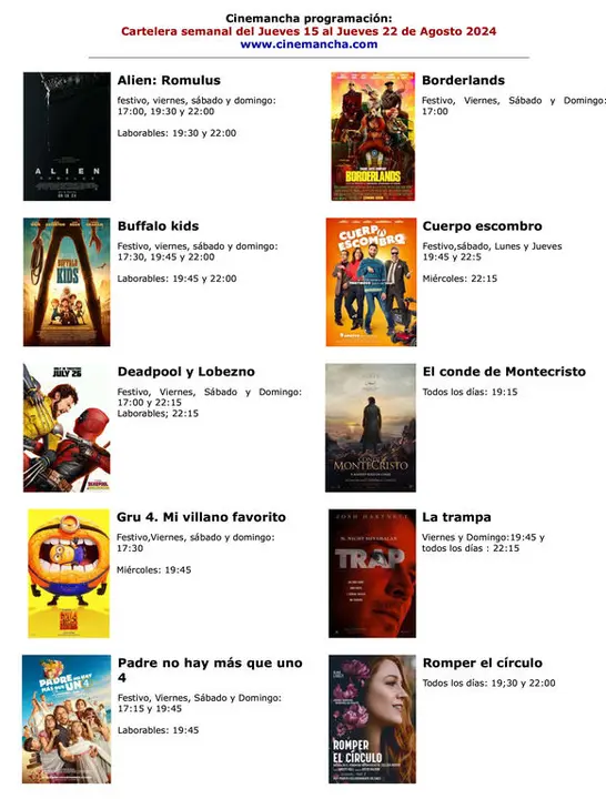 cartelra de multicines cinemancha del JUEVES 15 DE AGOSTO a Jueves 22 de agosto