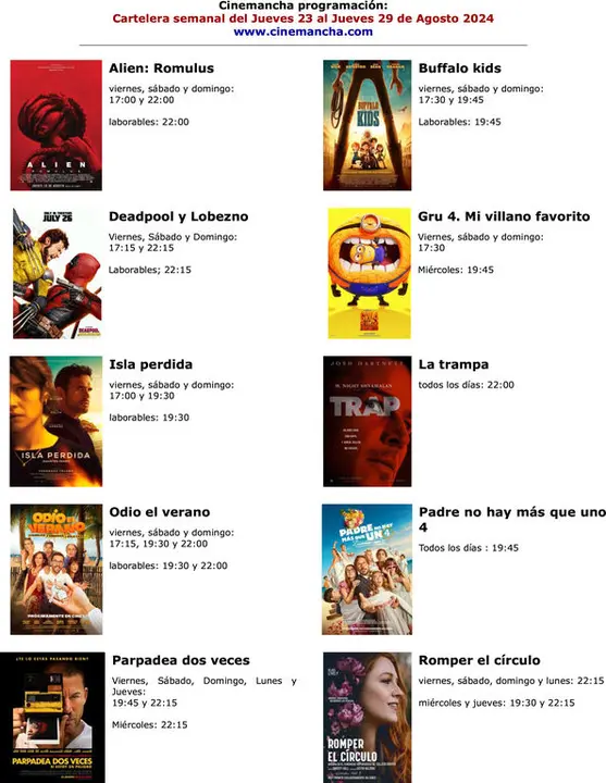 cartelera cinemancha del viernes 23 aljuees 29 de agosto