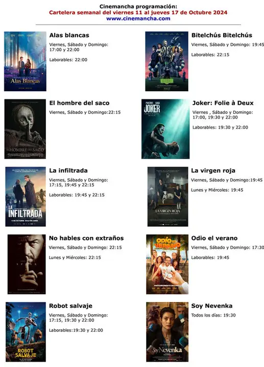 cartelera de multicines cinemancha del viernes 11 al jueves 17 de octubre