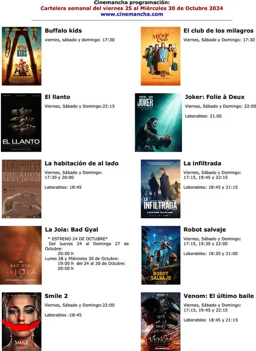 CARTELERA CINEMANCHA DEL VIRNES 25 AL MIERCOLES 30 DE OCTRUBRE