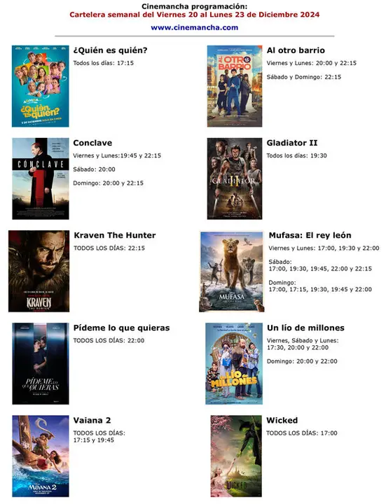 cartelera del viernes 20 al lunes 23 diciembre
