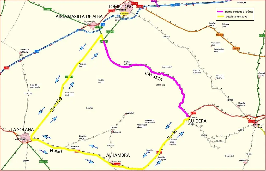 Mapa corte carretera y trayecto alternativo