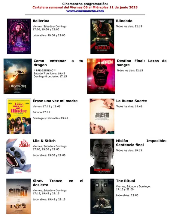 cartelera del viernes 06 al miercoles 11 de junio 