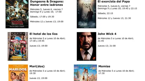 cartelera del miercoles 05 al  jueves 13 de abril