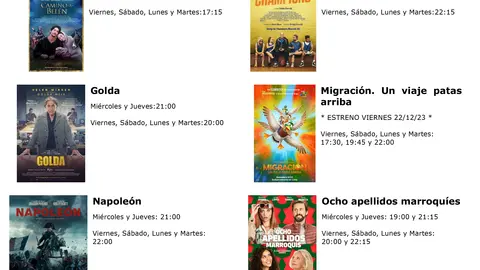 cartelera de multicines cinemanha del MIERCOLES 20 AL MARTES 26 de diciembre