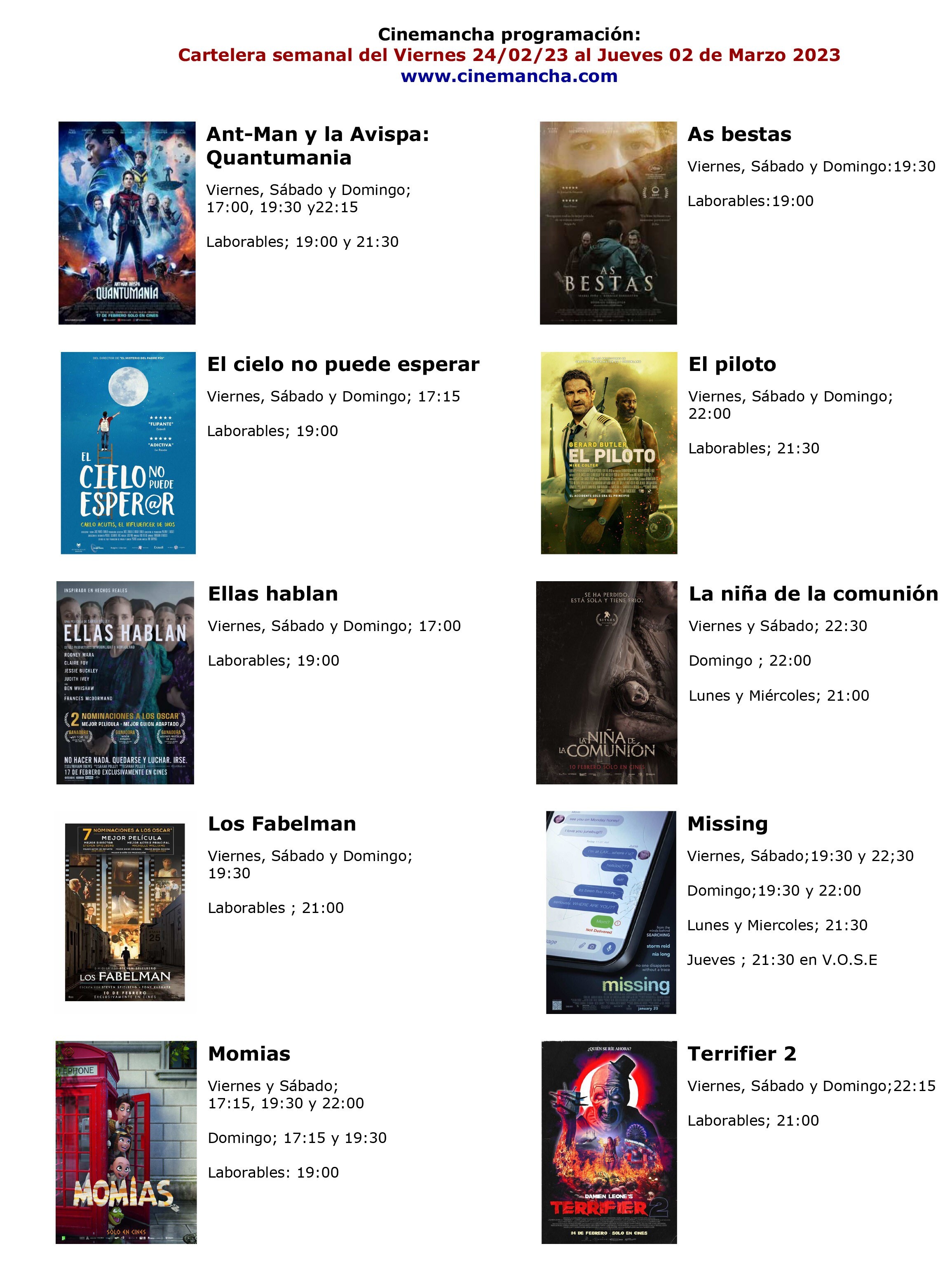 carrtelera de multicines cinemancha  del viernes 24 de febrero al jueves 02 de marzo