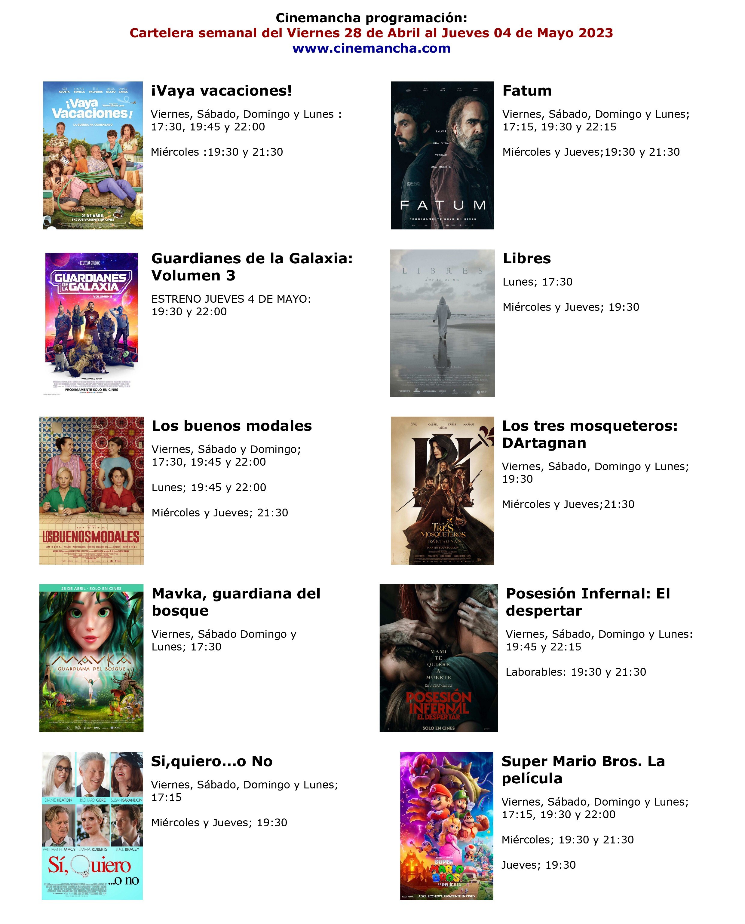 cartelera de multicines cinemancha del viernes 28 de abril  al jueves 04 de mayo