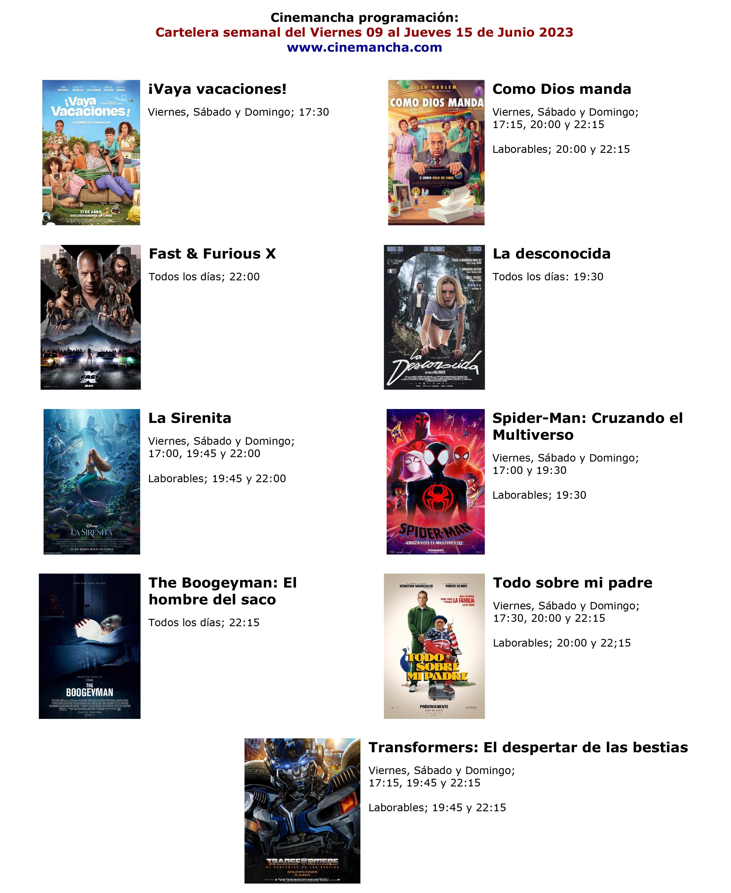 CARTELERA DE MULTICINES CINEMANCHA DEL  09 AL 15 DE JUNIO 2023