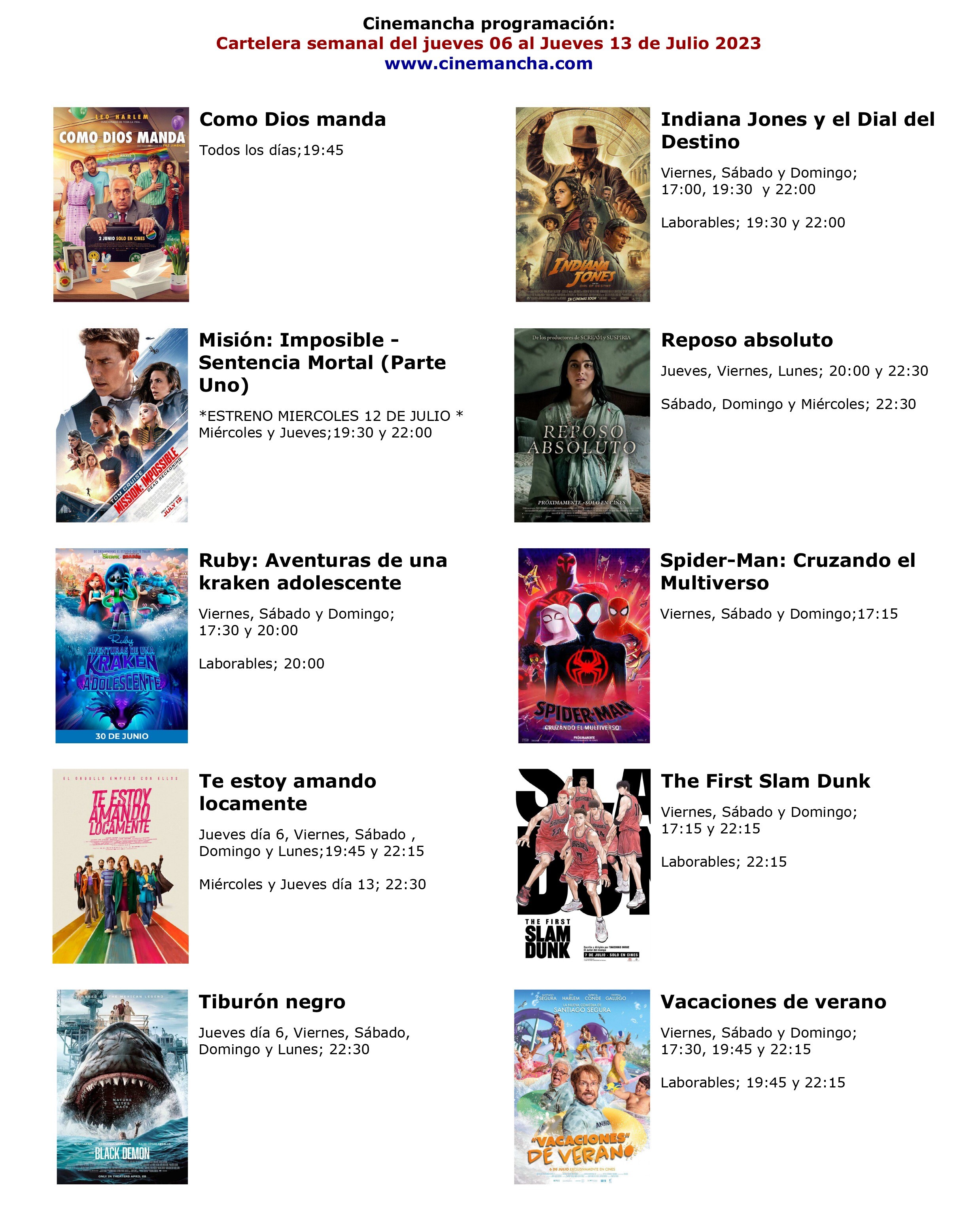 cartelera de multicines cinemancha desde el JUEVES dia 6 de junio  hasta el JUEVES dia 13 de junio