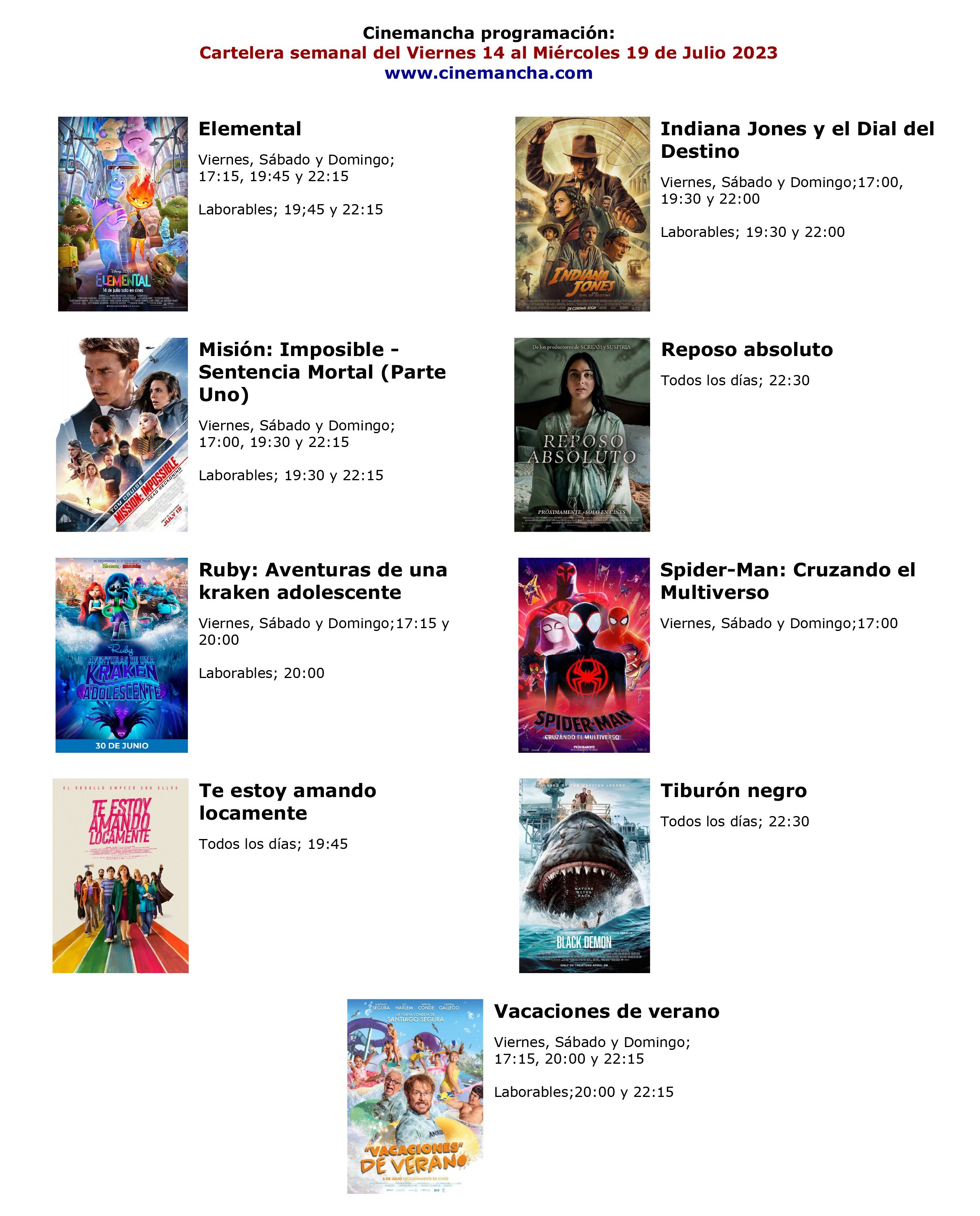 cartelera de multicines cinemancha desde el viernes dia14 de junio  hasta el MÍERCOLES  dia 19  de junio