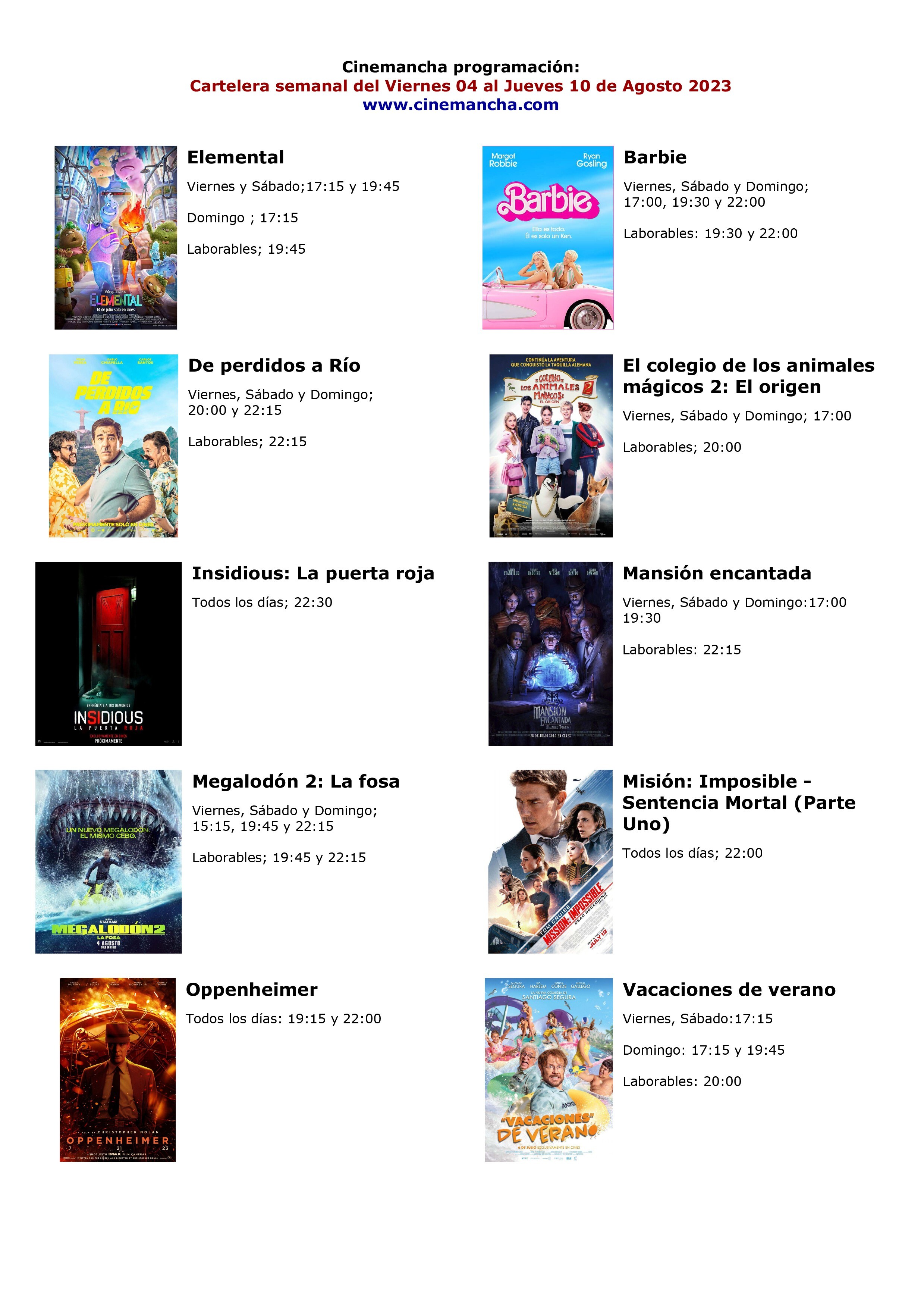 cartelera de multicines cinemancha del viernes 04 al jueves 10 de agosto