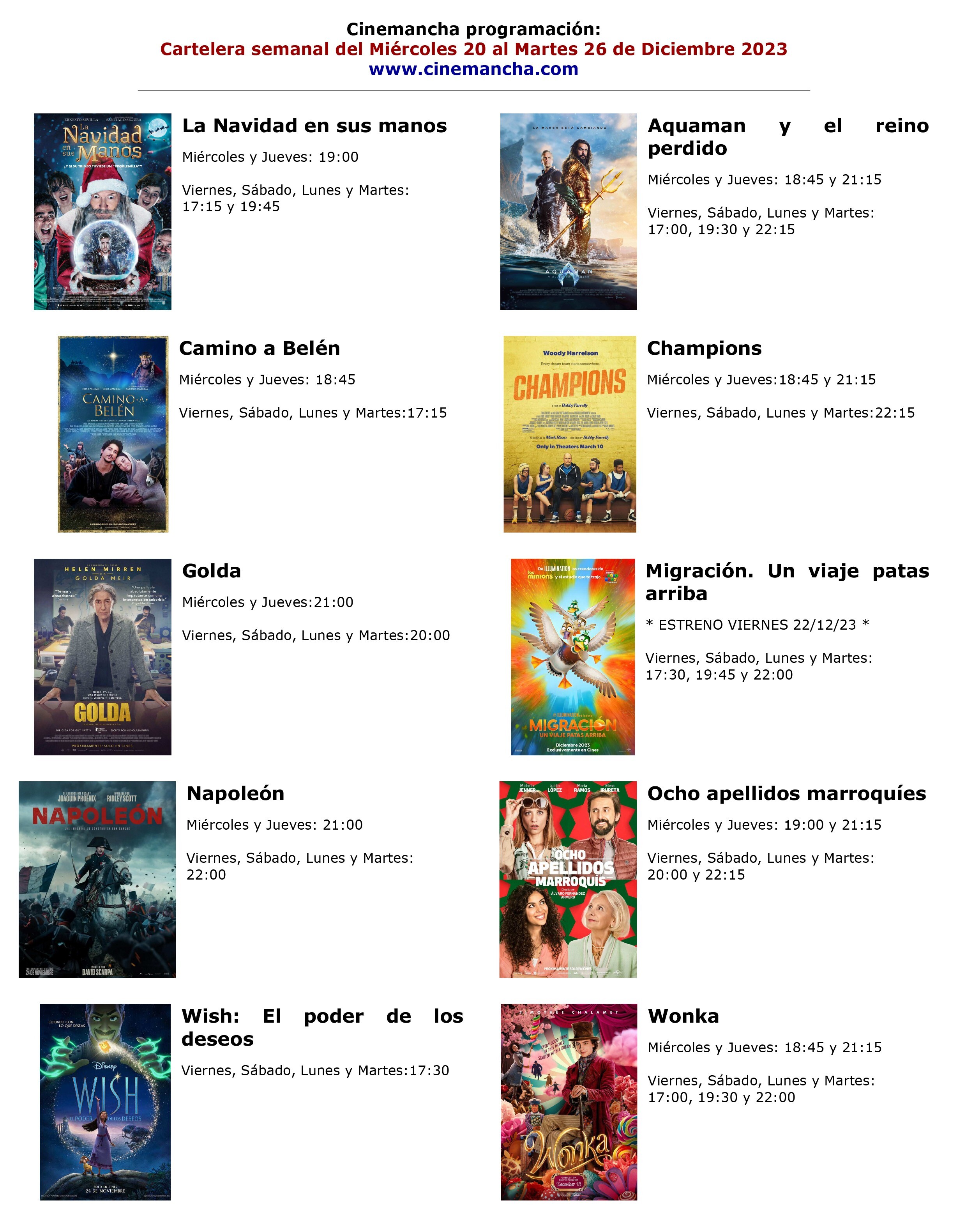 cartelera de multicines cinemanha del MIERCOLES 20 AL MARTES 26 de diciembre