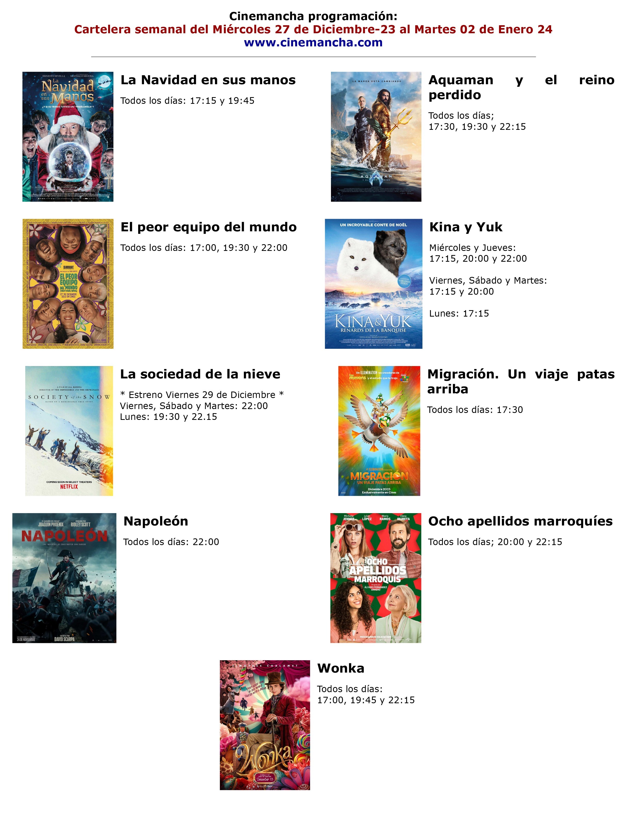 cartelera de multicines cinemancha del miercoles 27 de diciembre al martes 02 de enero 