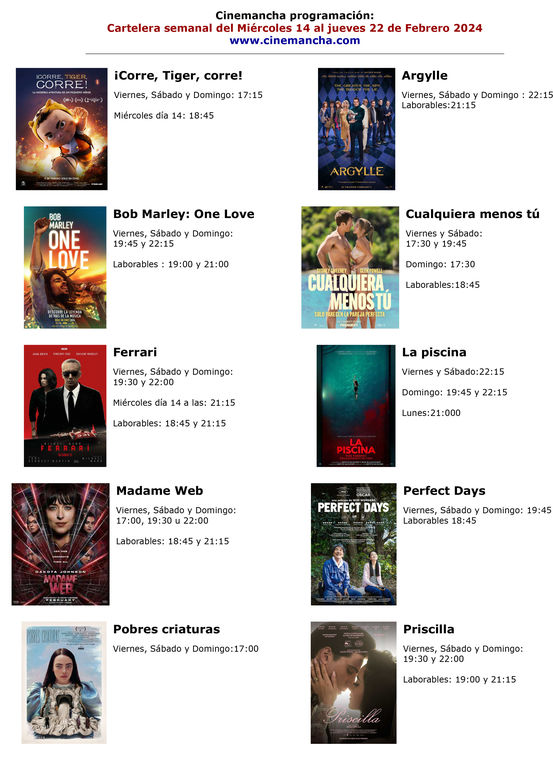 cartelera de multicines cinemancha del MIERCOLES 14 al JUEVES 22 DE FEBRERO
